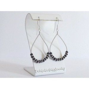 Black Crystals and Silver Wire Wrapped Teardrop Hoop Earrings Handmade